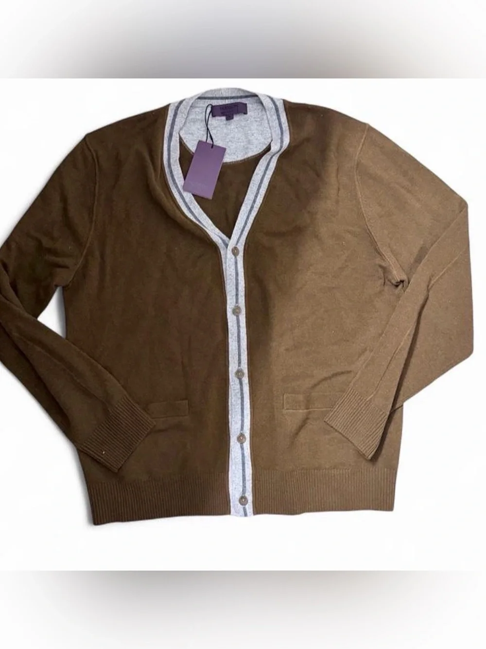Hudson Wellesley brown merino wool cardigan with white trim size XL